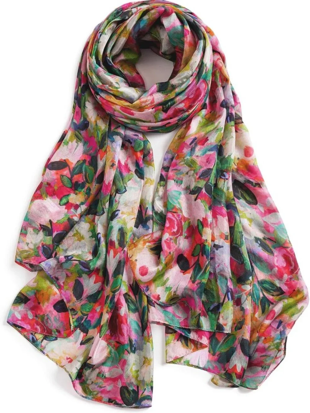 Luxurious 100% Mulberry Silk Floral Scarf Wrap - Lightweight Large Shawl for